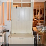 F53. White painted hall tree with storage bench and mirror.
